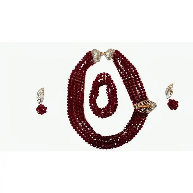 Mokè Burgundy and Gold African Nigerian bead set for women-DPJBS31