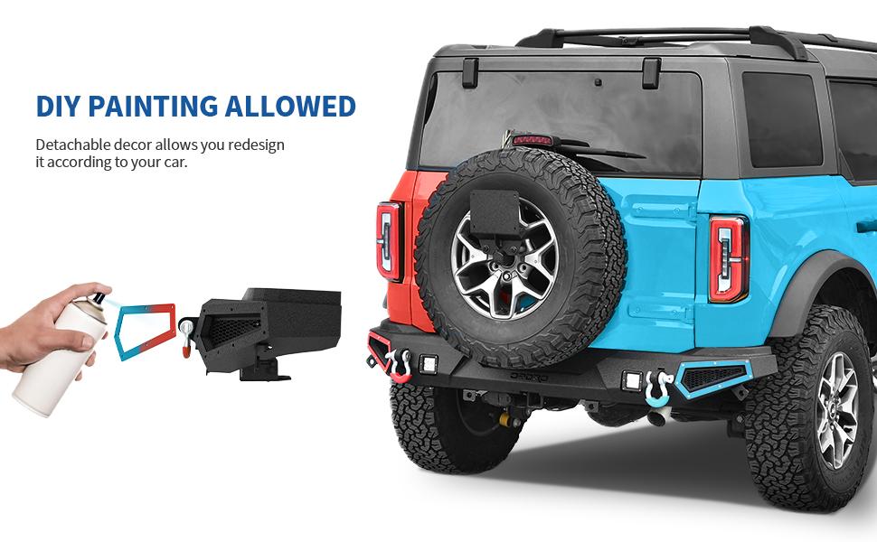 YITAMOTOR Rear Bumper Compatible for 2021-2023 Ford Bronco, Off Road Full Width Bumper w/LED Lights & D-Rings & Detachable Decor