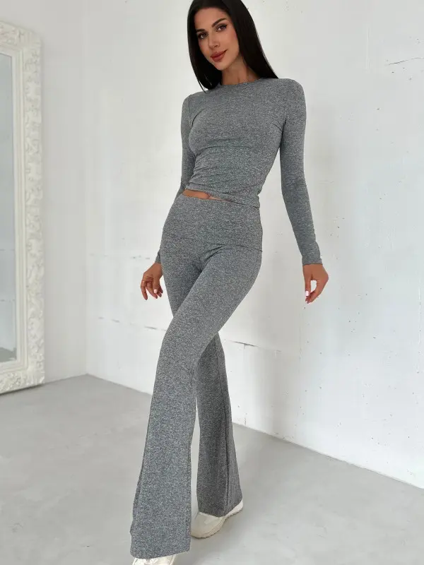 Lebellanova Women's 2-Piece Casual Everyday Solid Round Neck Long Sleeve Top & Reinforced Flared Pant Legging Set, Spandex-Polyester Women's Clothes, Sizes XS-XXL