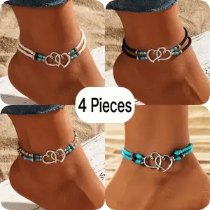 4-piece Bohemian-style beaded anklet set - multi-color sparkling beloved jewelry, with adjustable elastic cords, mini seed beads, hollow double-heart design, suitable for party gifts and casual wear, vintage style, bohemian style tarnish proof men's