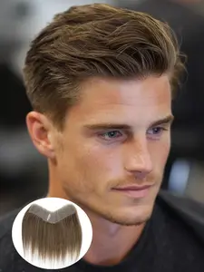 Hairline Toupee Hairpiece for Men Restoration - Human Hair Handmade Topper with Olive brown Straight Hair, PU Base, Full Hand Crochet - Versatile Hair Solution for All Men Straight Frontal