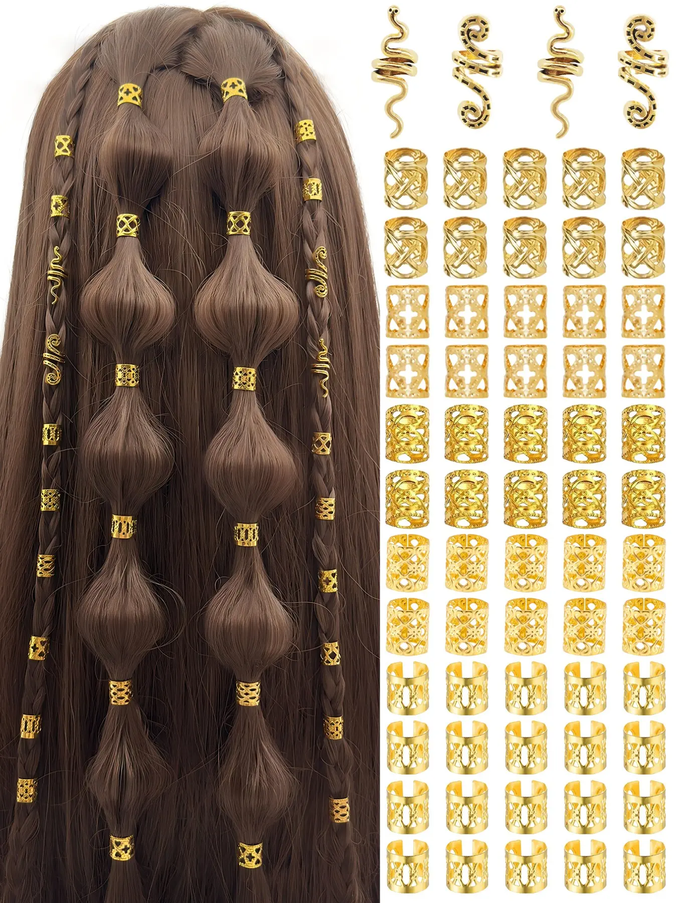 64pcs Multi-Shape Geometric Shapes Hair Rings Collection, Adjustable Alloy Hair Cuffs, All-Season Boho Style Hair Jewelry, Hair Accessories for Men & Women, Dreadlocks & Braids