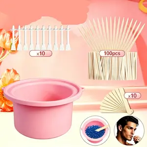 Complete Hair Removal Kit, Reusable Silicone Bowl + 10 Nose Hair Sticks + 100 Arrow Wooden Sticks + 10 Round Head Wooden Sticks, Full Body Hair Remover Tools
