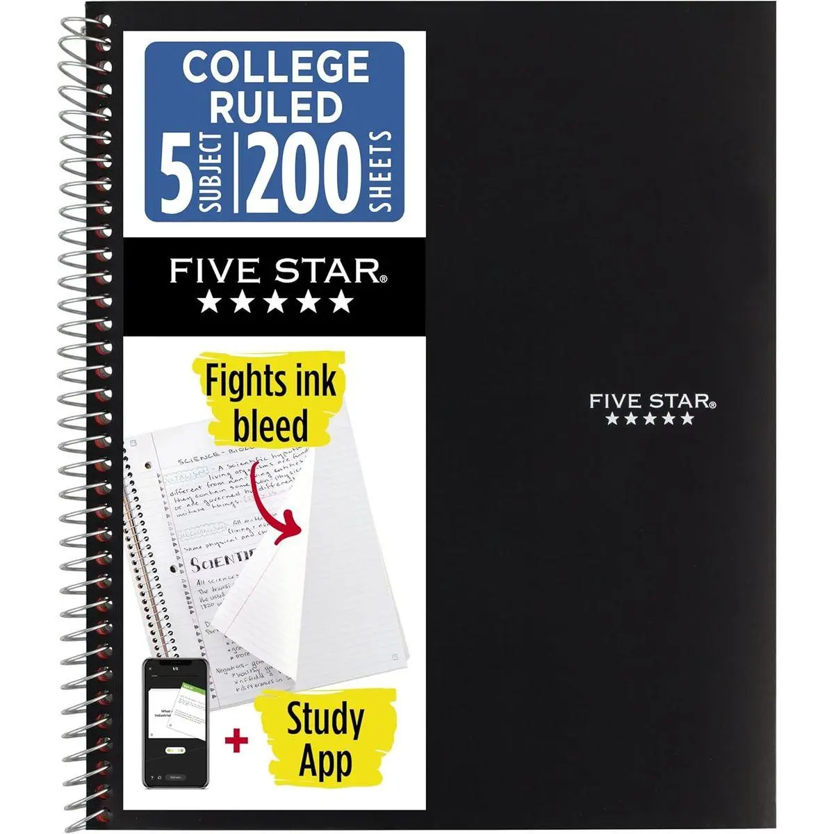 Spiral Notebook + Study App, 5 Subject, College Ruled Paper, 8-1/2" x 11", 200 Sheets, Fights Ink Bleed, Water Resistant Cover, Black (72081)