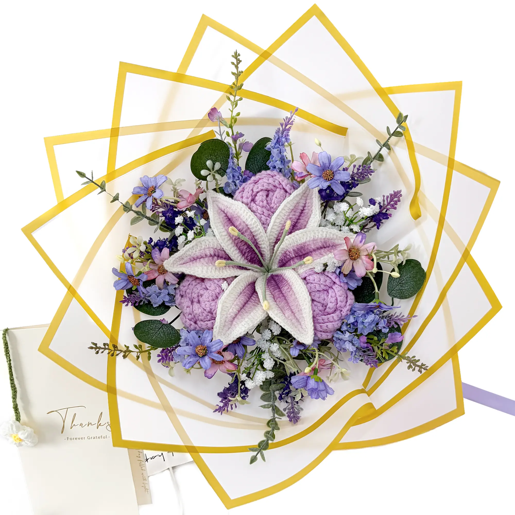 Handmade Crochet Round Hand-tied Decorative Bouquet - Lily-Centered Purple Lilies, Roses+Lavender Mix, Eucalyptus Layered Faux Florals, Never Wilted Room Decor with Gift Bag & Card, Ideal for Bedroom Anniversary Gift for Her