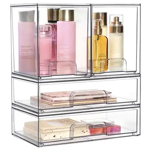 Stackable Storage Drawer Set (4 Pieces), Transparent Plastic Organizer Boxes, Makeup Box Organizer, Ideal for Cosmetics & Beauty Products, Bathroom, Cabinet, Food Storage