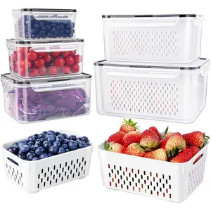 5-piece fruit and vegetable drain storage box, removable multi-layer food storage container, easy drainage, sealing and fresh, moisture-proof and odor-proof, used to keep fruits, Stackable Fridge Organizer