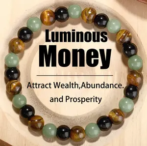 Luminous Money Attraction Bracelet with Green Aventurine Tiger Eye & Black Cry Solid Unscented Prosperity Wealth Amulet for Birthday Summer Vacation Theme Parties Jewelry Charms Abundance Fashionweek Fallfreshness 2025 US Christmas