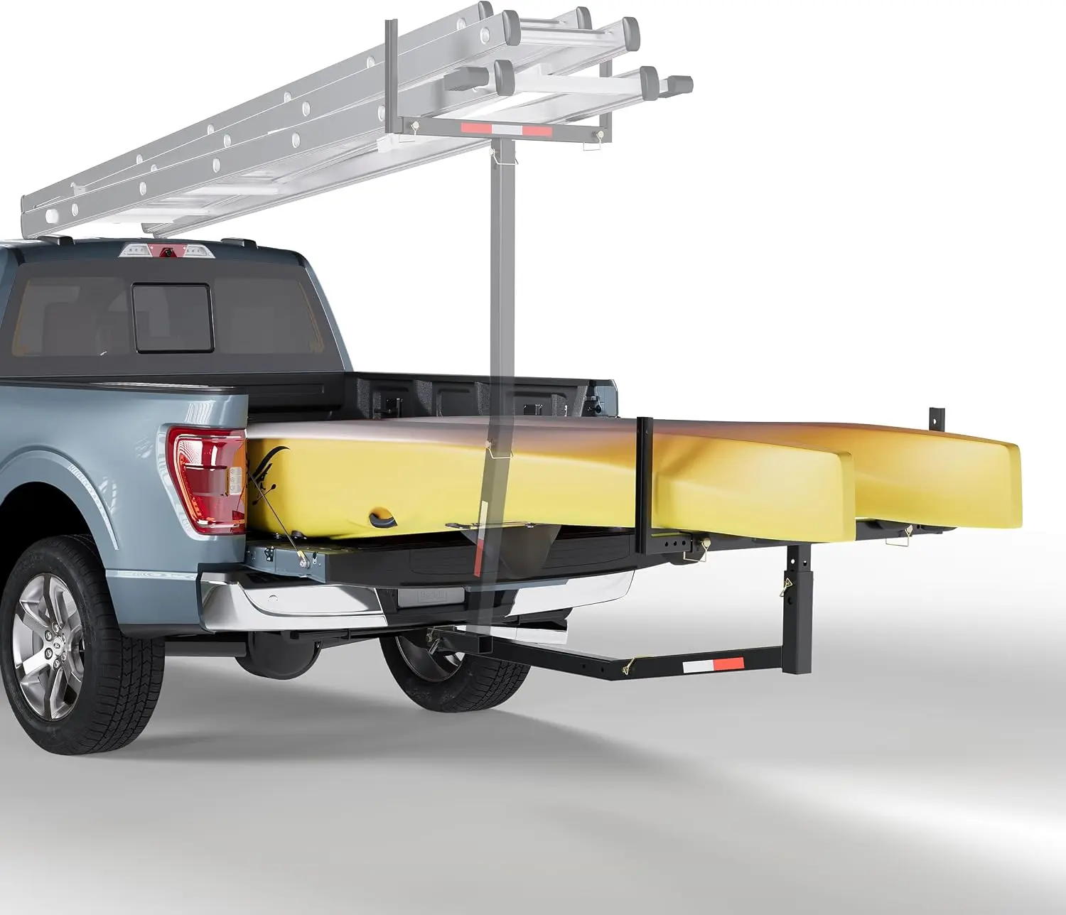 ECOTRIC Powder Coated Steel Truck Bed Extender, 750lbs Capacity Hitch Mount Rack for Pickups/SUVs, Fits Ladders, Kayaks, Canoes, Long Pipes w/Flag, Steel Frame