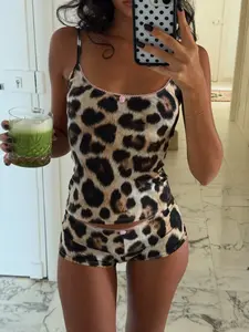 Lace Trim Leopard Print Spaghetti Strap Top & High Waist Shorts Set, Y2K Style Summer, Slim-Fit Women's Clothing