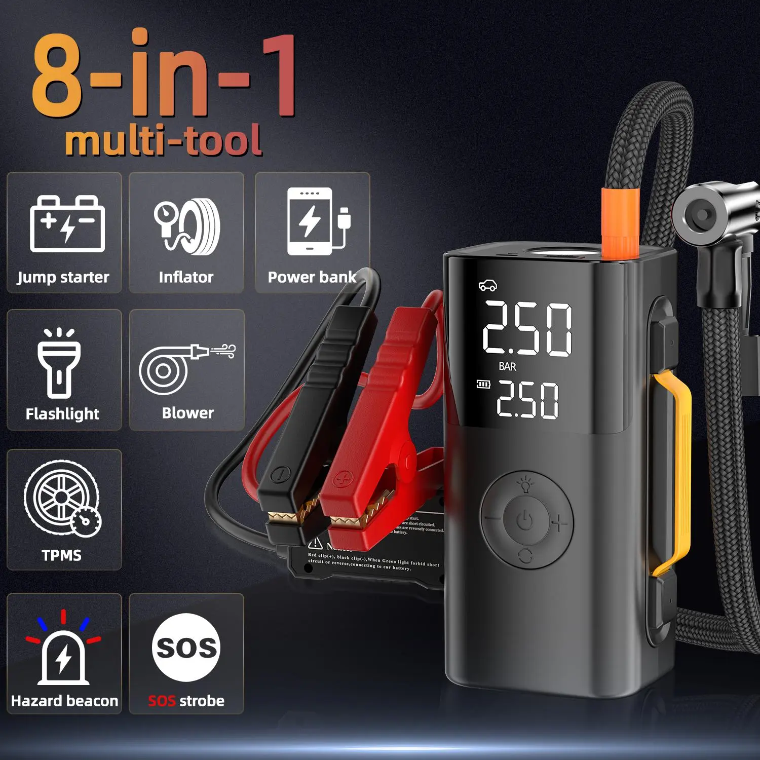 KUST 8-in-1 Car Jump Starter - 10000mAh Emergency Battery Booster, Air Compressor, LED Light, Phone Charger, SOS Car Accessories for Vehicles, Trucks, SUVs