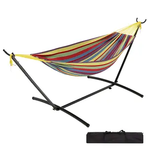 2 Person Hammock with Stand for Outdoor Use, Double Hammock with Heavy-Duty Steel Frame, Space-Saving Portable Design, 450 lbs Weight Capacity, Comes with Carrying Bag for Indoor, Patio & Backyard
