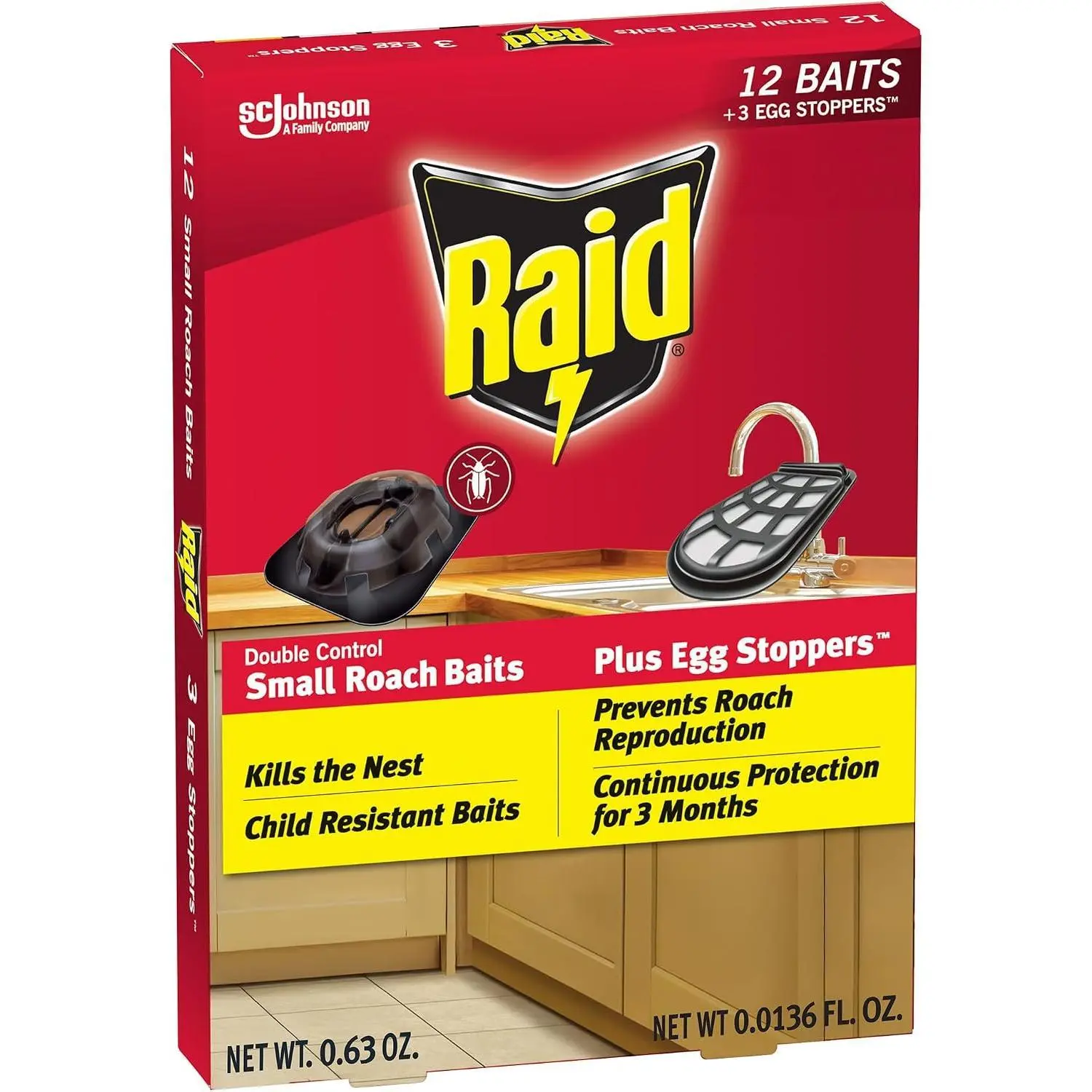 Raid Double Control Small Roach Baits with Egg Stoppers - Child Resistant, Indoor Pest Control, 3-Month Roach Killing, 12 Count