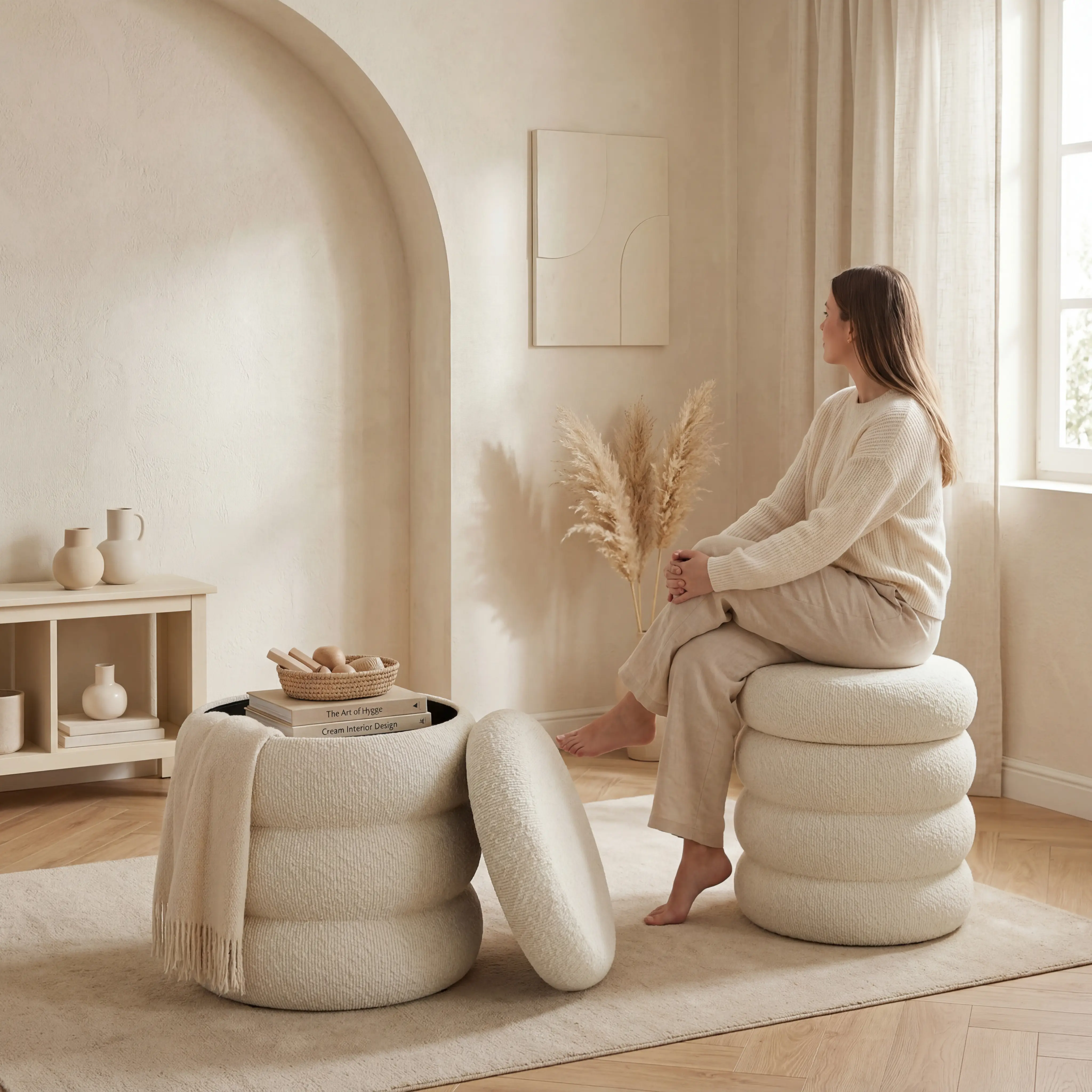 summerwins Cloud-Shaped Boucle Backless Ottoman - Round Padded Footstool with Hidden Lid & Hidden Storage, Accent Table for Living Room Decor, Decor for Living Room Home Essentials