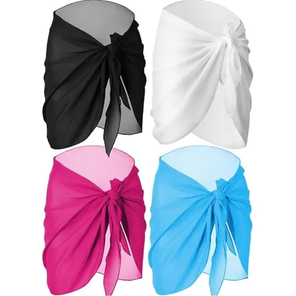 Beach Cover Ups for Women, 4 Pack Solid Sheer Chiffon Short Sarong Wrap Skirt for Swimsuit Bikini campingessentials, Cover Up Beachwear, Coverups For Bathing Suits, Swimwear Coverups, Lightweight Cover Up