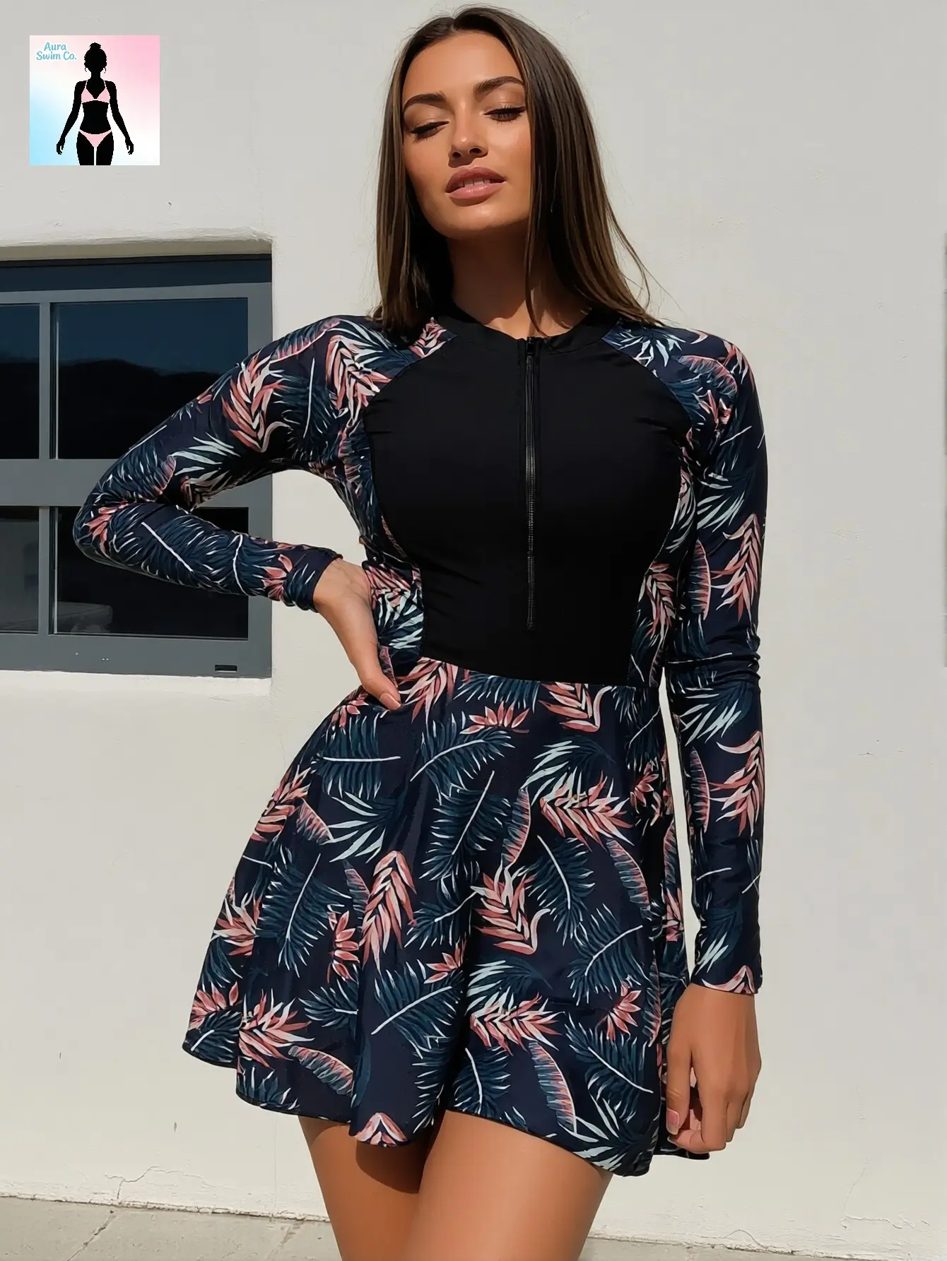 Women's Leaf Pattern Tummy Control Long Sleeve Rash Guard Swimdress - 1-Piece Skirted Polyester Mix Swimsuit, Full Zip Front, UV-Protective, Quick Dry, Modest Full Coverage, Curvy Beach OOTD, Vacay Ready, Retro Chic Print, Plus Size Surfwear Essential, Sw