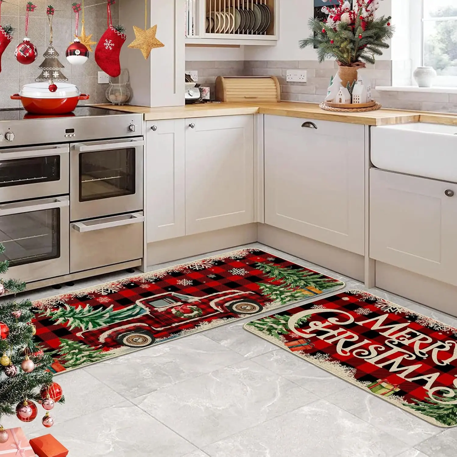 Festive Buffalo Plaid Floor Mats, 2-Pack Christmas Themed Kitchen Rugs with Non-Skid Base, Cozy Holiday Decor for Home, Bathroom, and Indoor Use