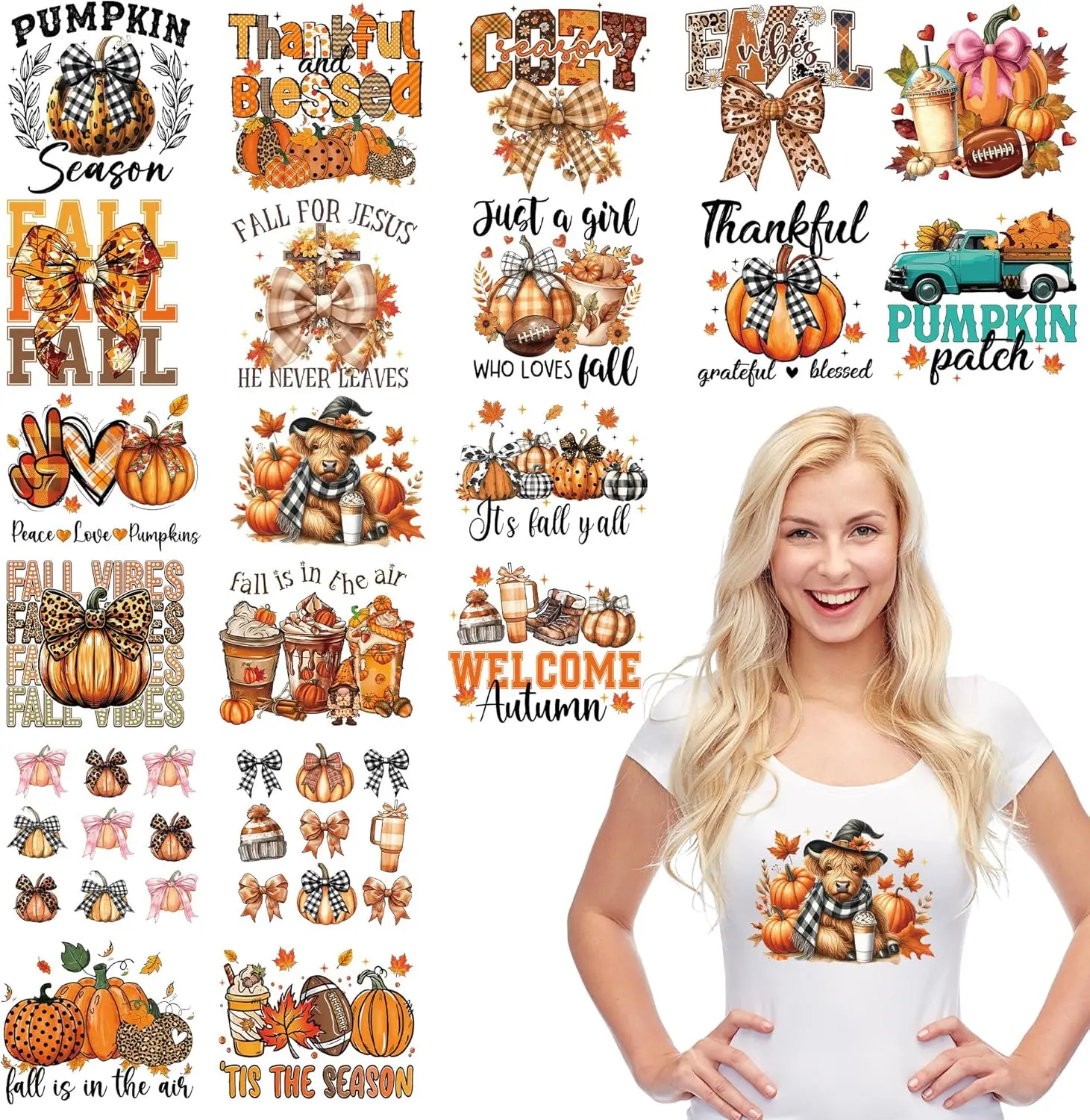 20 Sheets Fall Iron on Transfers for T-Shirts, Autumn Pumpkin Bow DTF Transfers Ready to Press Heat Transfers Vinyl, Iron on Patches  for Clothes Backpack Bag Pillow Covers DIY Crafts