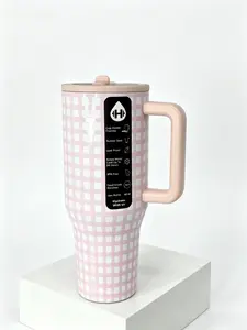 HydroJug 40oz Pink Gingham Tumbler Leak-Proof BPA-Free Stainless Steel Insulated Portable Washable Drinkware Flasks Stylish Mug for Coffee Tea