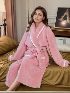 Women's Coral Fleece Bathrobe, Thickened Winter Robe with Pockets, Casual Long Sleeve Sleepwear, Warm Home Comfort Apparel