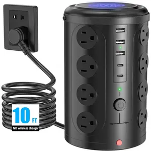 Power Strip Surge Protector Tower with 16 Outlets and 5 USB Ports (2 USB-C), 10ft Extension Cord, 45° Flat Plug, Charging Station For Home, Office, Dorm Room Essentials (Black)