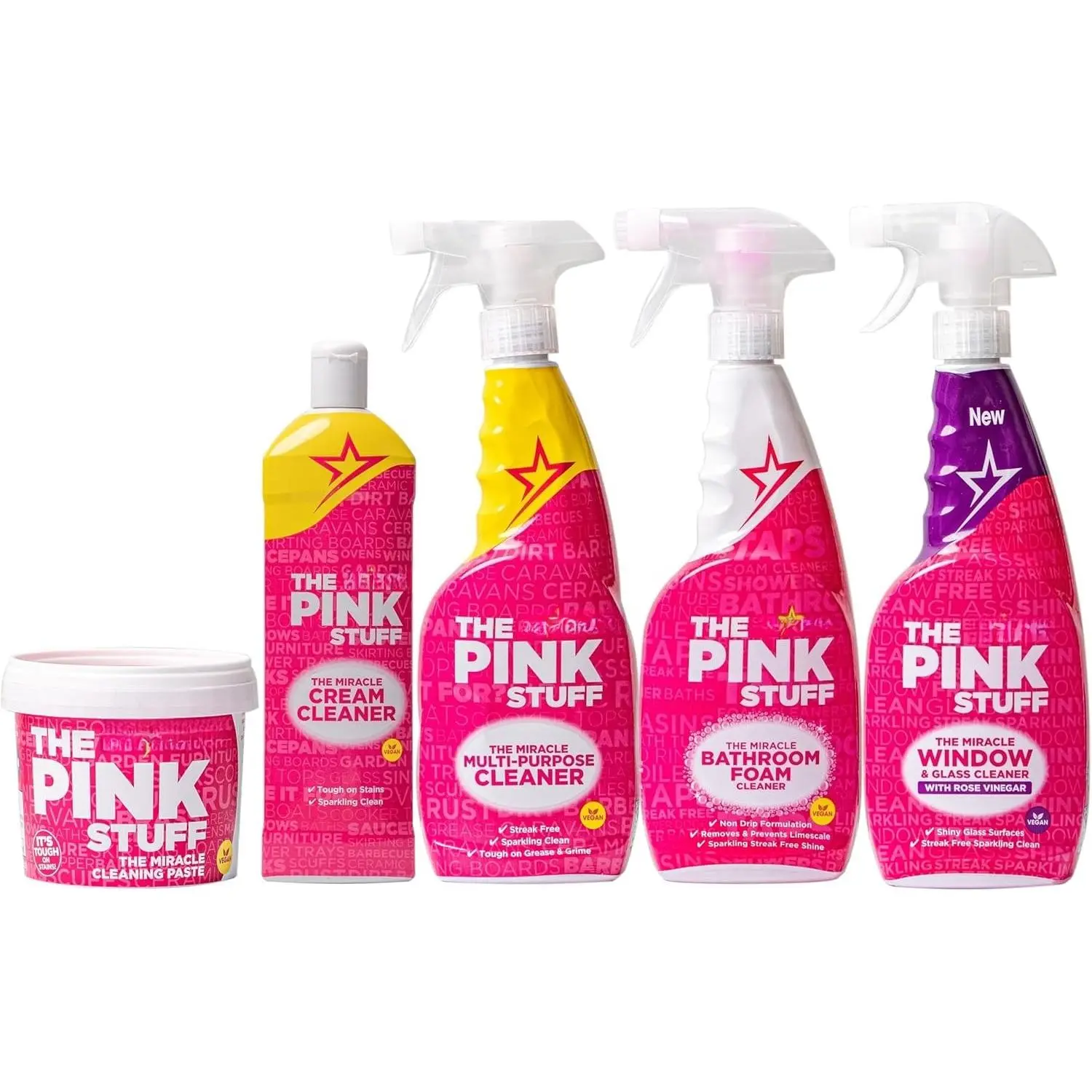 The Pink Stuff Household Multi-Use Cleaner Bundle - Miracle Paste, Multi-Purpose Spray, Bathroom Foam Spray, Shine Enhancing Glass Cleaner, Cream Formula Cleaner, Multi-Use Set