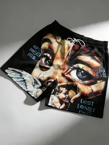 Men Vintage Eye Print Board Shorts, Breathable Casual Bottoms, Street Style For Summer & Daily Wear, Casual Streetwear Shorts