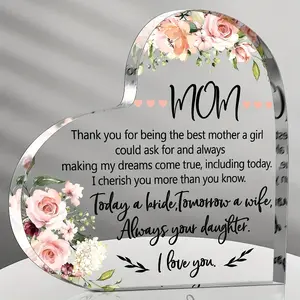 Elegant Heart-Shaped Wedding Keepsake Gift for Bride'S Mother - Acrylic Tabletop Display with Floral & "Mom" Lettering, Sentimental Wedding Day Decoration from Daughter, Mother'S Day or Wedding Present