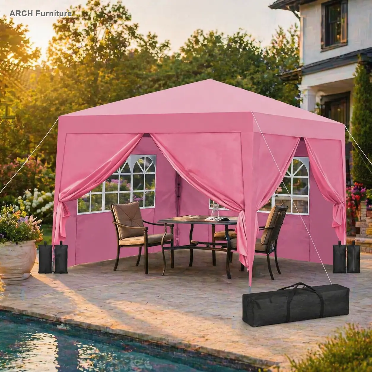 10x10Ft Outdoor Pop Up Gazebo Canopy Tent, Removable Zippered Sidewalls (2pcs with Windows), 4pcs Weight Sand Bags, Portable Carry Bag - Pink, Includes Sand Bags