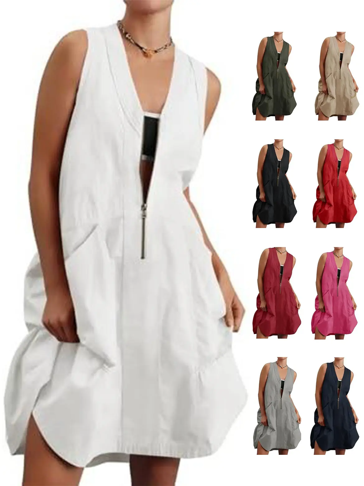 Fisoew Women's Sleeveless Tank Mini Dress Casual Half Zip V Neck Loose Mesh Back Utility Summer Dresses with Pockets Breathable Womenswear satin dresses tummy sundress quinceanera dress birthday dress
