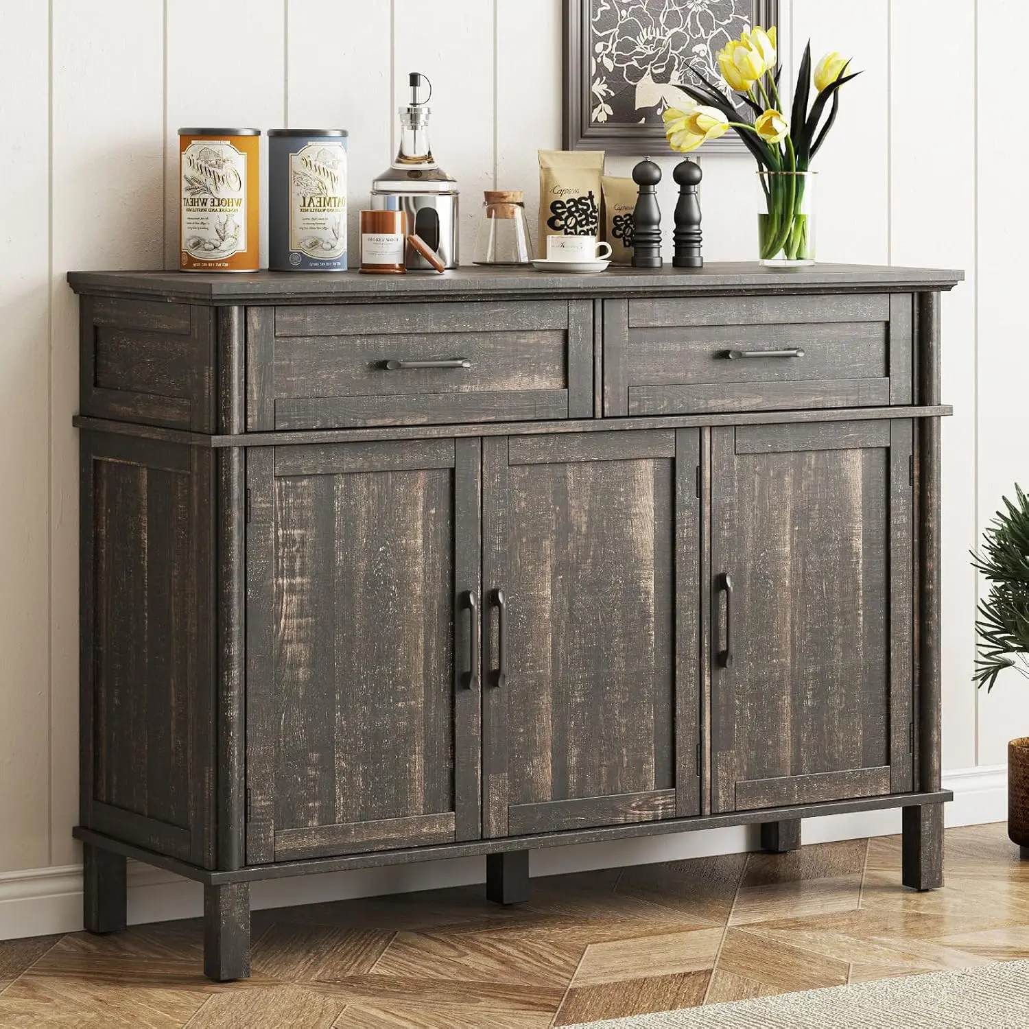 【SummerFinds】ONBRILL 48-Inch Sturdy Classic Rustic Modern Farmhouse Sideboard Buffets Cabinet - Thick-Leg Assembly Required Unit (Over 25 kg) with 2 Drawers, 3 Regular Doors, Adjustable Shelves, Wood Storage for Kitchen, Various Room Types