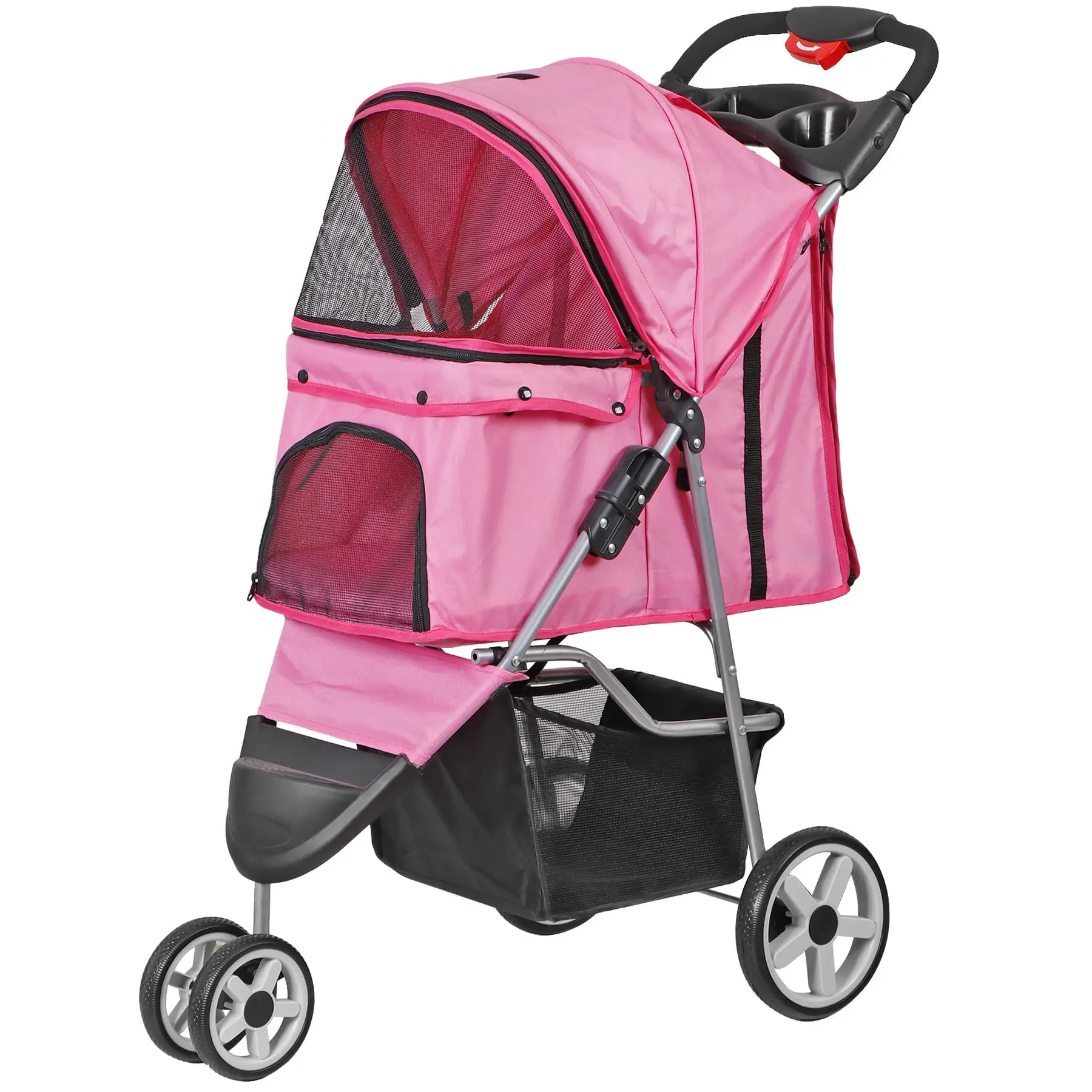3-Wheel Folding Convertible Puppy Stroller with 360-Degree Rotation Wheels, Portable Fabric Metal Frame Outdoor Animal Carrier for Dog and Cat Travel, Pink