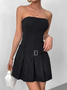Parthea Backless Ruched Tube Ruched Belt Detachable Tube Dress,Women's Casual Everyday Wear Summer Strapless Dress