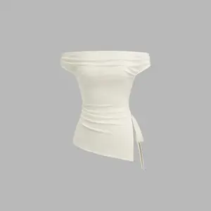Cider Off-shoulder Ruched Knotted Asymmetrical Hem Top SummerWins Dealsforyou