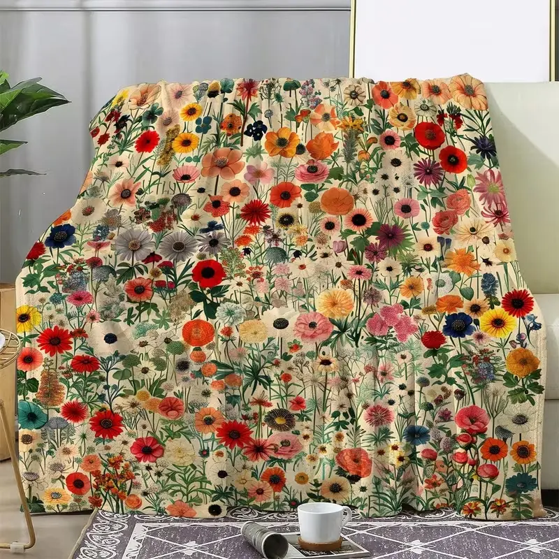 Vintage Floral Botanical Flannel Blanket - Fluffy Cloud-Like Soft Warm All-Season Throw, Machine Washable Cozy Gift for Adults, Vibrant Home Decor for Office & Camping, Fluffy Blankets, Cloud Like Blankets