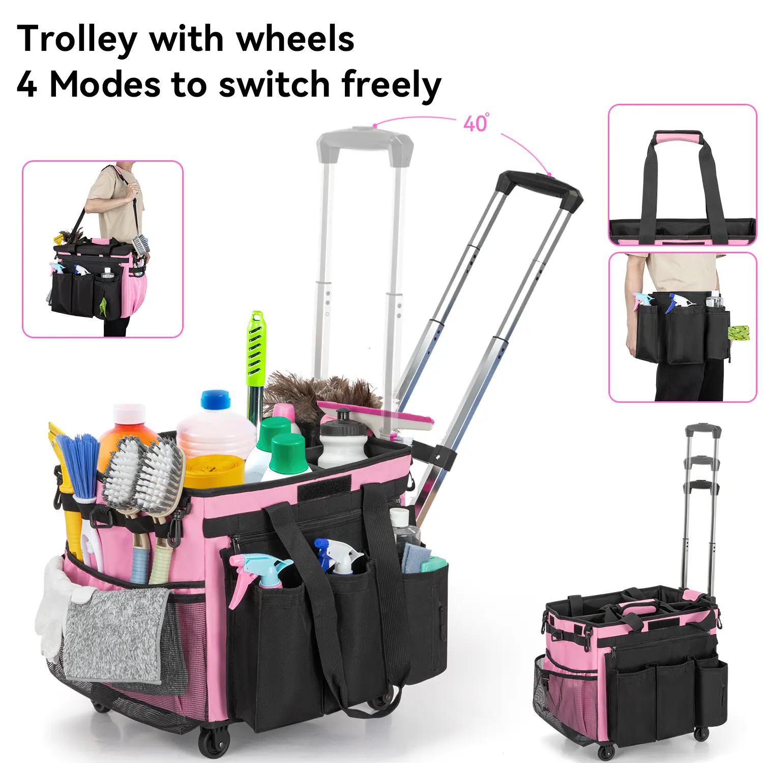 Rolling Cleaning Caddy Bag, Cleaning Caddy with Wheels with Detachable Trolley for Housekeepers, Water Resistant Cleaner Supplies Organizer with Wheels for Kitchen, Car, Picnic