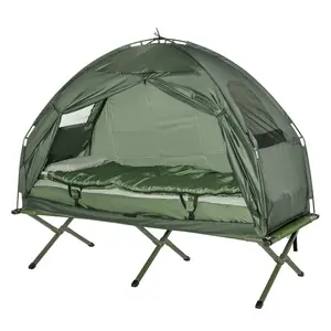 Outsunny Multifunctional Folding Camping Cots for Adults, Elevated Tent with Sleeping Bag, Thick Air Mattress Pad, Portable Single Sleeping Cot Camping Bed On-Site