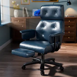 Reclining Office Chair with Footrest, Big and Tall Office Chair 400lbs Wide Seat, Leather High Back Executive Office Chair, Ergonomic Vintage Desk Chair, Heavy Duty Blue Computer Chair