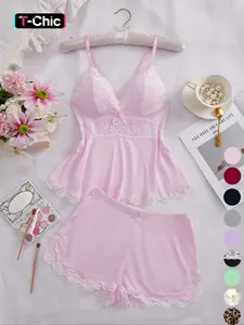 Women's Halloween Lace-Trim Sleepwear Set, Soft and Comfortable Fitted Design, Casual All-Season Home Wear, 2-Piece Shorts Set Lingerie Top Underwear