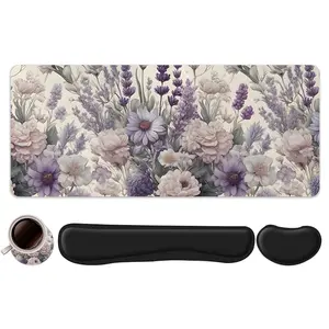 4pcs Lavender Floral Design Mouse Pad + Keyboard Wrist Rest + Ergonomic Mouse Pad + Coaster Set, Office Accessories Set with Ergonomic Wrist Support, Computer Mat for Desktop Decoration, Desktop Accessory, Suitable for Home Office Gaming
