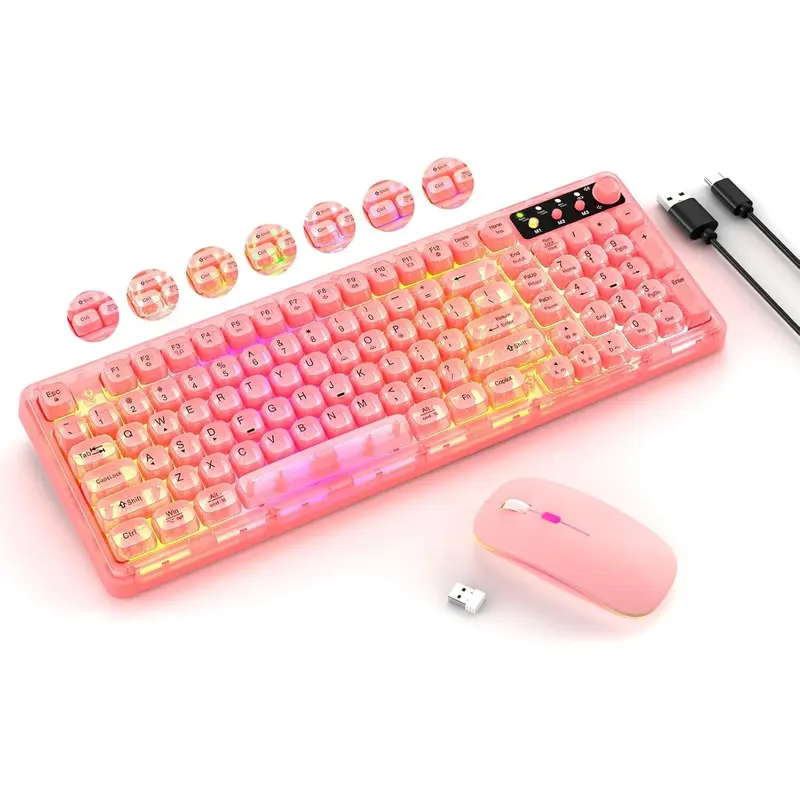 Pink Light Up Keyboard and Mouse Wireless,Cute 2.4Ghz Cordless Rechargeable Transparent Backlit Keyboard,15 Backlight Effects,Volume Knob,RGB Mouse with 3 DPI for Mac Computer PC Laptop Desktop iPad