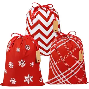 Christmas  Bags Drawstring, 3 count 20x16inch  Fabric Wrapping Sacks Cloth Holiday Pouches with Tags for Odd Shaped Presents