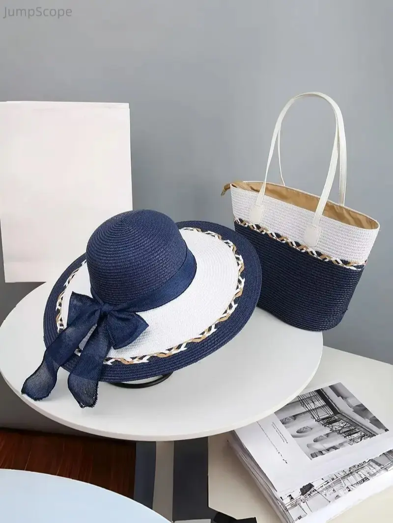 Women's 2-Piece Beach Bag & Sun Hat Set - Hand Woven Aesthetic Tote, Colorblock Large-Capacity Open-Top, Foldable Lightweight Durable Summer Outdoor Vacation Accessories, Hand Woven Bags