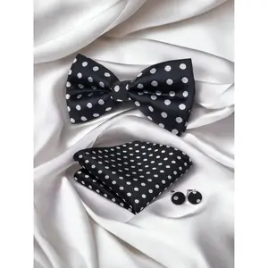 Men’s Silk Coordinated Black Bow Tie Set - Black with White Polka Dots 0755