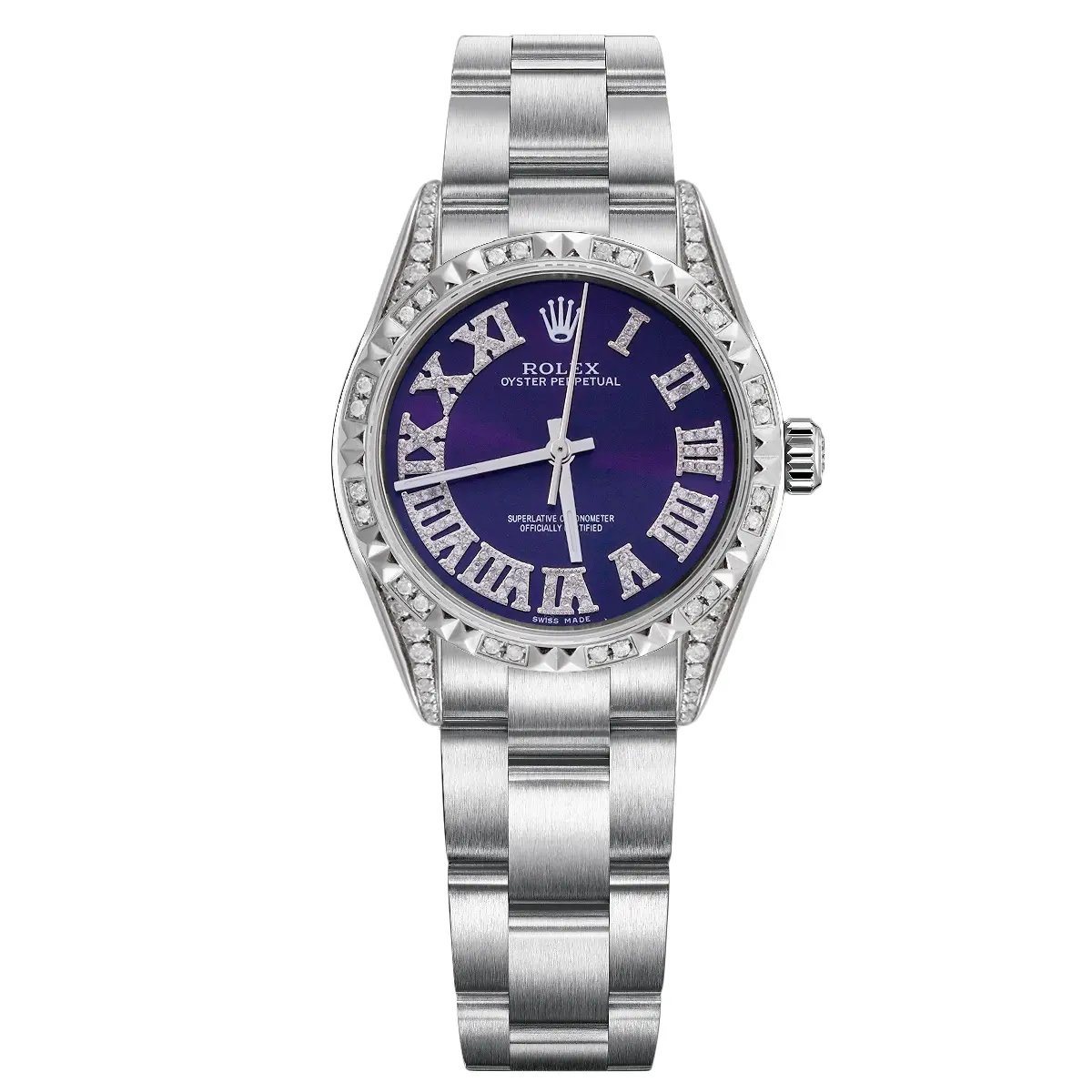 Rolex Oyster Perpetual 34mm 14000 Automatic Purple Roman Numeral Dial Stainless Steel Watch with Aftermarket Diamond Bezel WHT031897