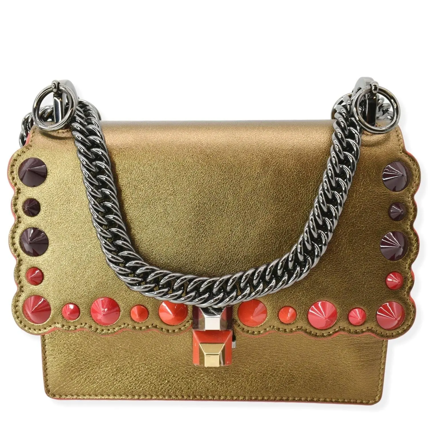 Pre-owned FENDI Metallic Leather Shoulder Bags Kan I Small Studded Chain Shoulder Bag Gold
