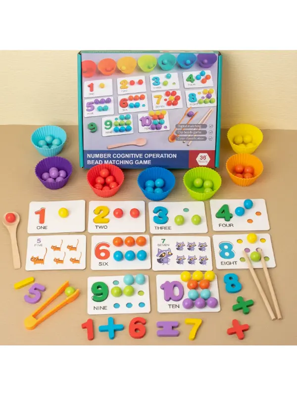 Montessori arithmetic toys for children,colorful silicone digital learning game set with beads, chopsticks and spoons - educational toy set for kindergarten