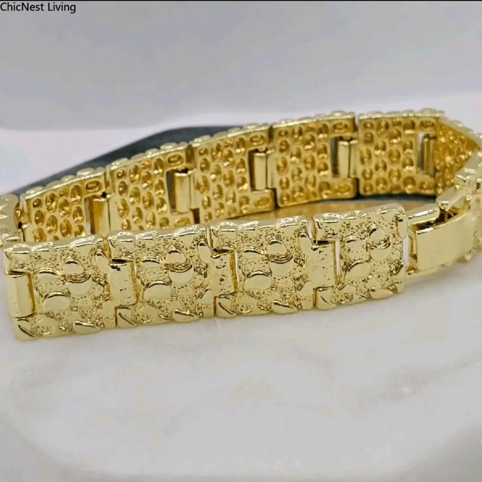 Nugget-Shape Gold-Plated Stainless Steel Bracelet - 15mm, 7in, 8in, Non Tarnish, No Fade, Men's Accessories, Guys Gifts, Fashion Costume Jewelry, Arm Candy Accessories (Note: Avoid Long Showers), Non Tarnish Jewelry, Tarnish Free, Cool Gifts For Guys