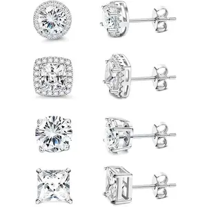 Sparkle Cubic Zirconia Stud Earrings, 4 Pairs Set, Brilliant Cut,DDMS0021 925 Silver Plated, Hypoallergenic for Women