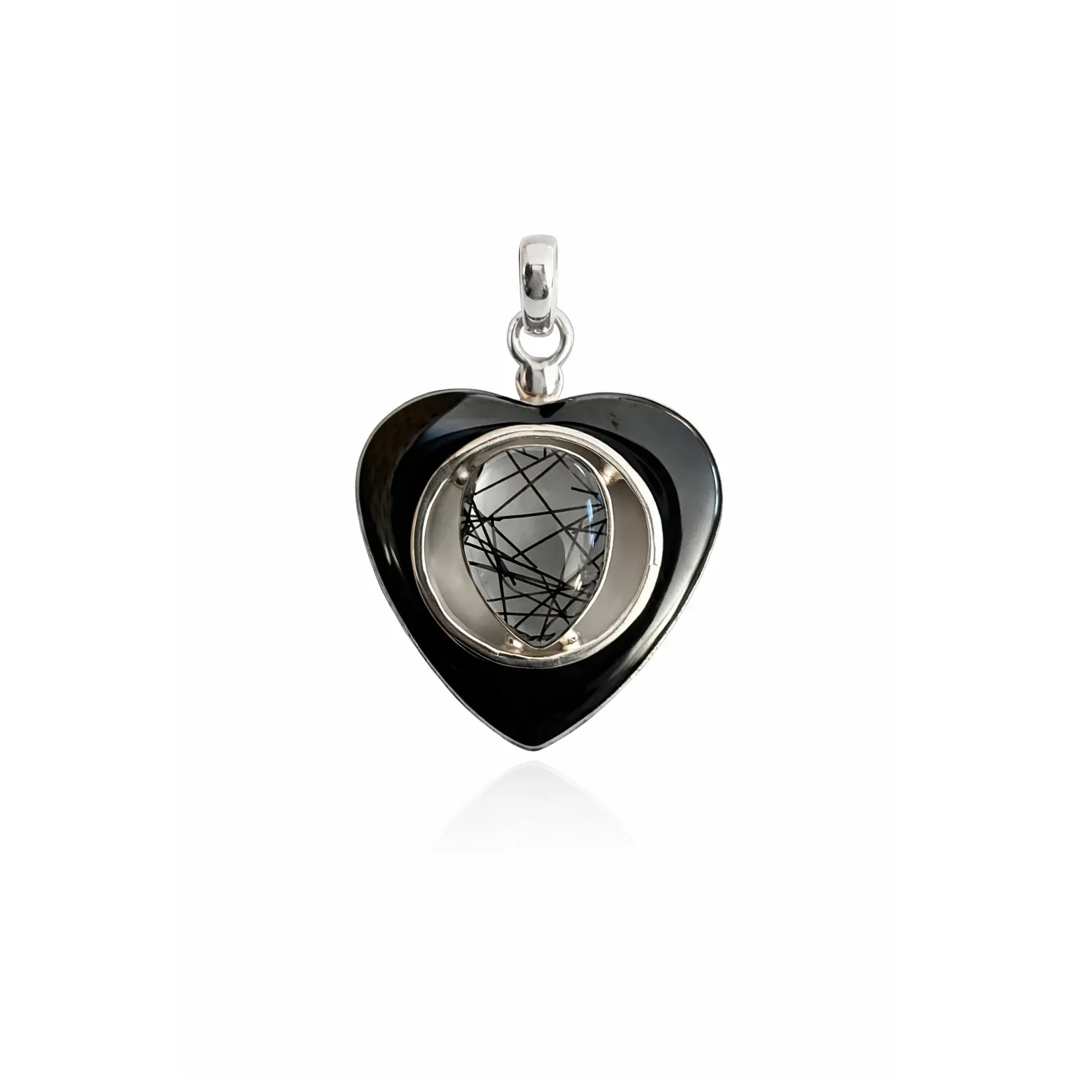 Hematite Heart Black Rutilated Quartz Pendant